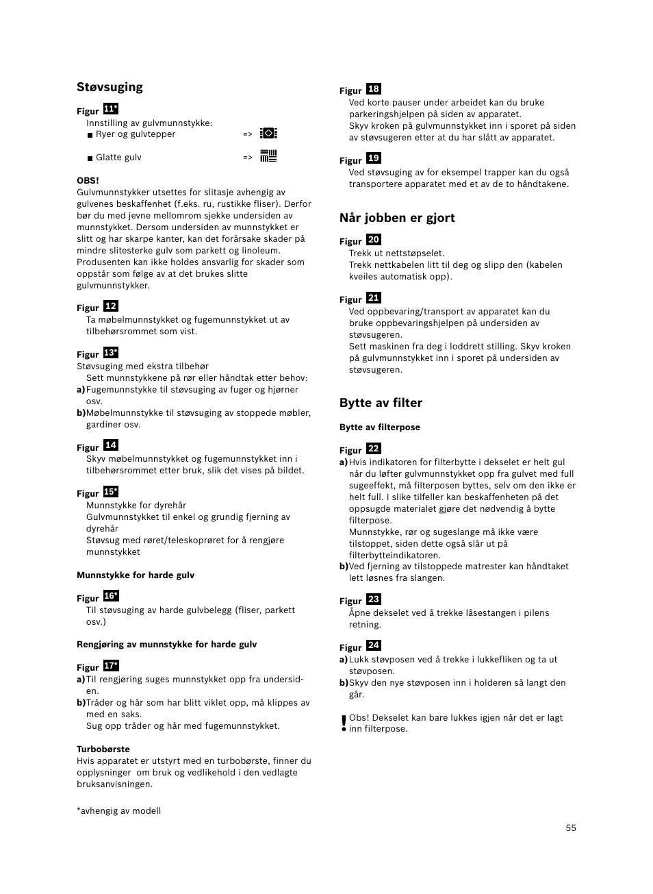 Støvsuging, Når jobben er gjort, Bytte av filter | Bosch Bodenstaubsauger Beutel BSGL32400 kirschrot-metallic Bosch GL-30 2400W User Manual | Page 61 / 123