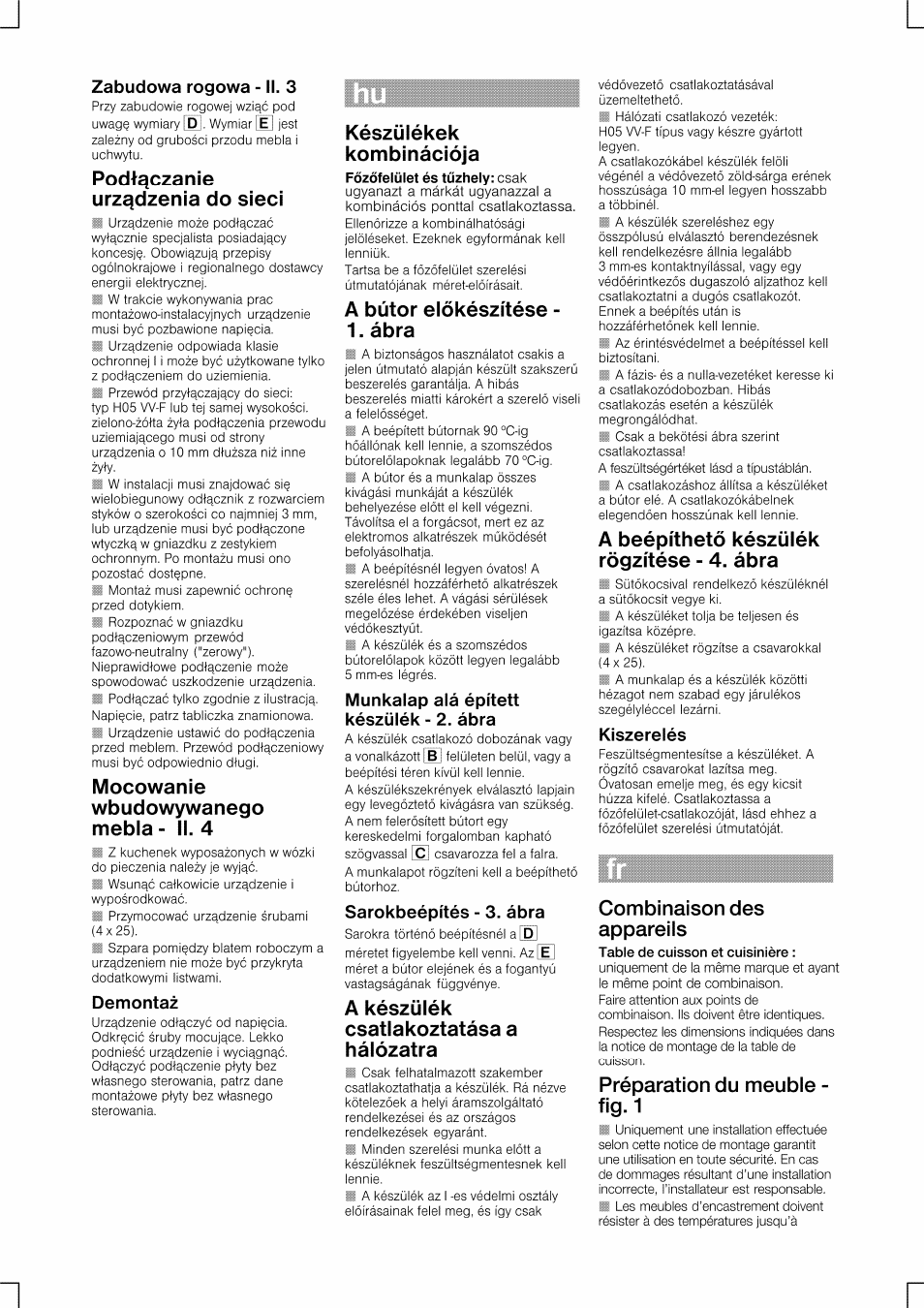 Zabudowa rogowa - ii. 3, Demontaz, Munkalap alá épített készülék - 2. ábra | Sarokbeépítés - 3. ábra, Kiszerelés, Podt^czanìe urz^dzenia do sieci, Mocowanie wbudowywanego mebla - ii. 4, Készülékek kombinációja, A bútor elokészítése - 1. ábra, A készülék csatlakoztatása a hálózatra | Bosch HEN201E2 User Manual | Page 8 / 12