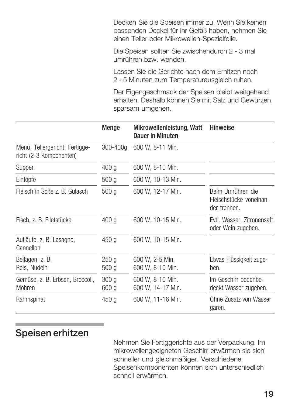 Speisen erhitzen | Bosch HMT72G420 - weiß Mikrowellengerät mit Grill User Manual | Page 19 / 160