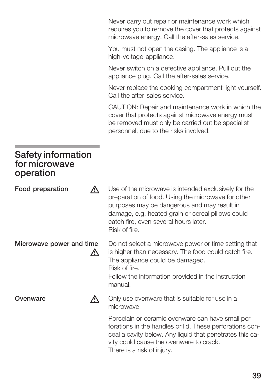 Safety information for microwave operation | Bosch HMT72G420 - weiß Mikrowellengerät mit Grill User Manual | Page 39 / 160