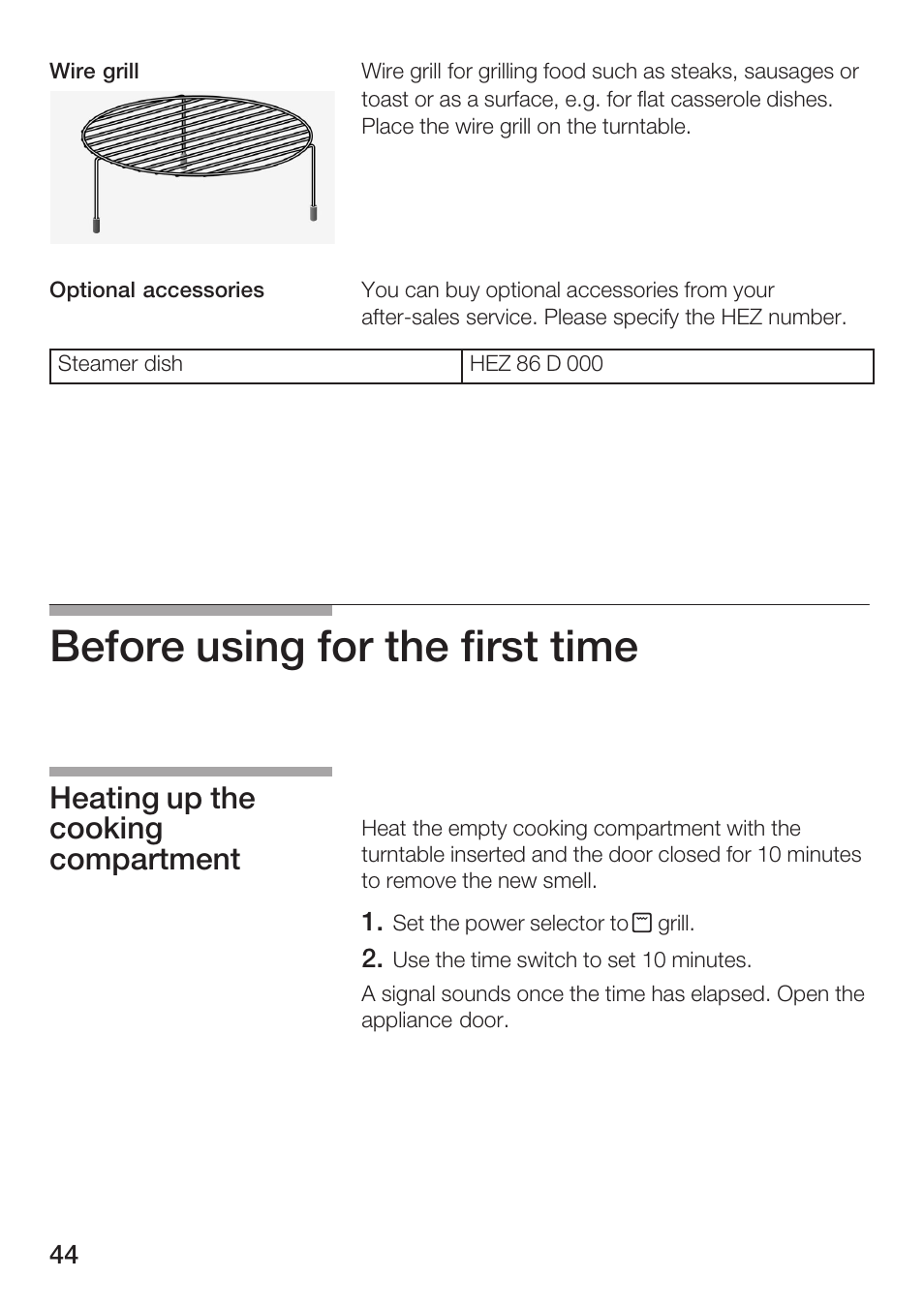Before using for the first time, Heating up the cooking compartment | Bosch HMT72G420 - weiß Mikrowellengerät mit Grill User Manual | Page 44 / 160