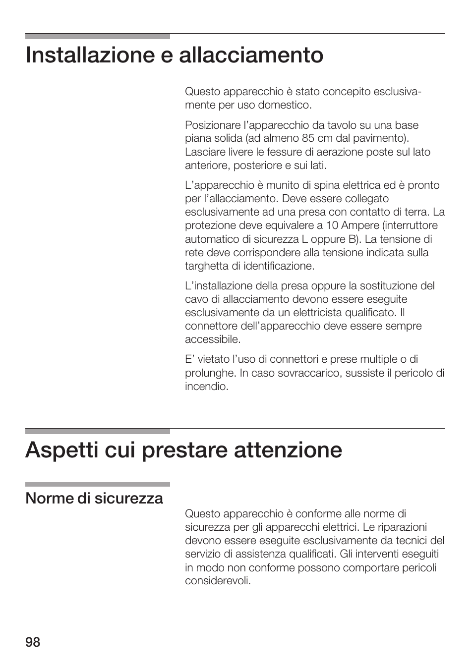 Installazione e allacciamento, Aspetti cui prestare attenzione, Norme di sicurezza | Bosch HMT72G420 - weiß Mikrowellengerät mit Grill User Manual | Page 98 / 160