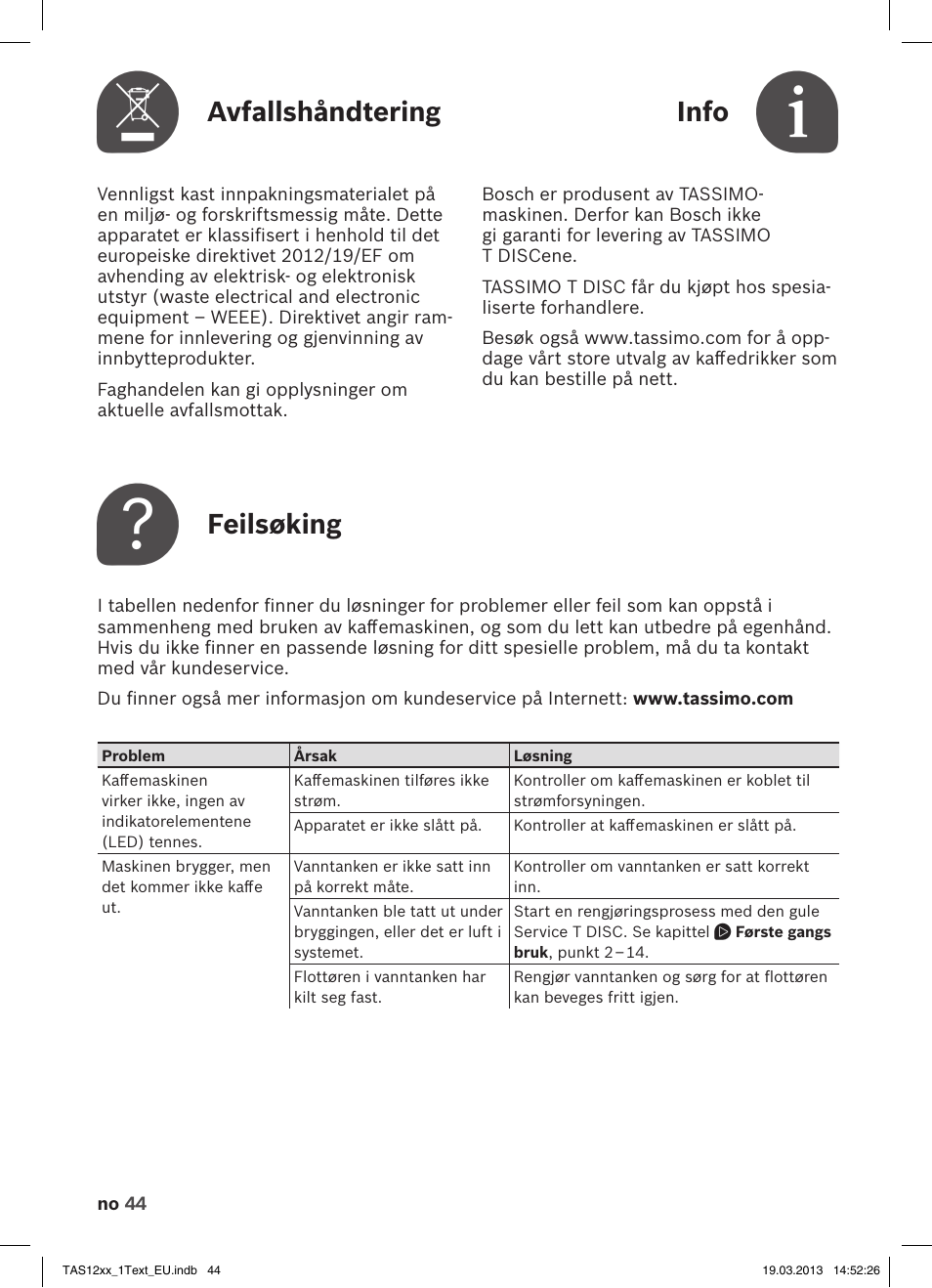 Avfallshåndtering, Info, Feilsøking | Bosch TASSIMO T12 TAS1204 User Manual | Page 46 / 58