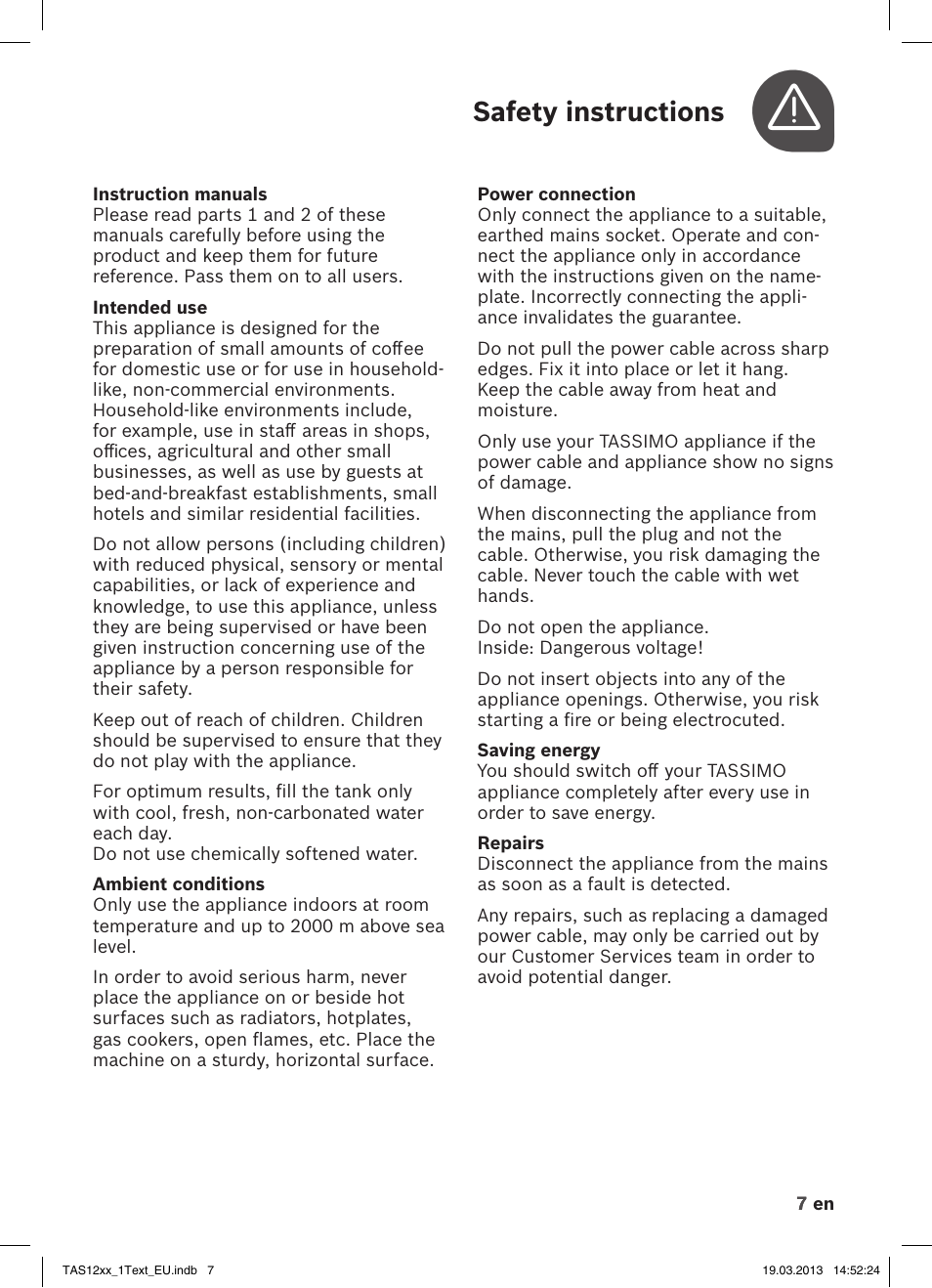 Safety instructions | Bosch TASSIMO T12 TAS1204 User Manual | Page 9 / 58