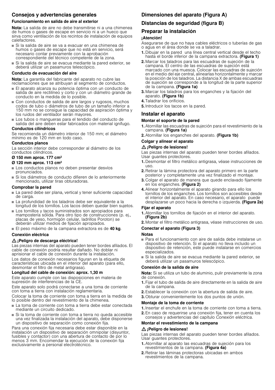 Consejos y advertencias generales, Funcionamiento en salida de aire al exterior, Nota | Conducto de evacuación del aire, Conductos cilíndricos, Conductos planos, Ø 150 mm aprox. 177 cm2, Ø 120 mm aprox. 113 cm2, Comprobar la pared, Conexión eléctrica | Bosch DWK09G660 User Manual | Page 8 / 12