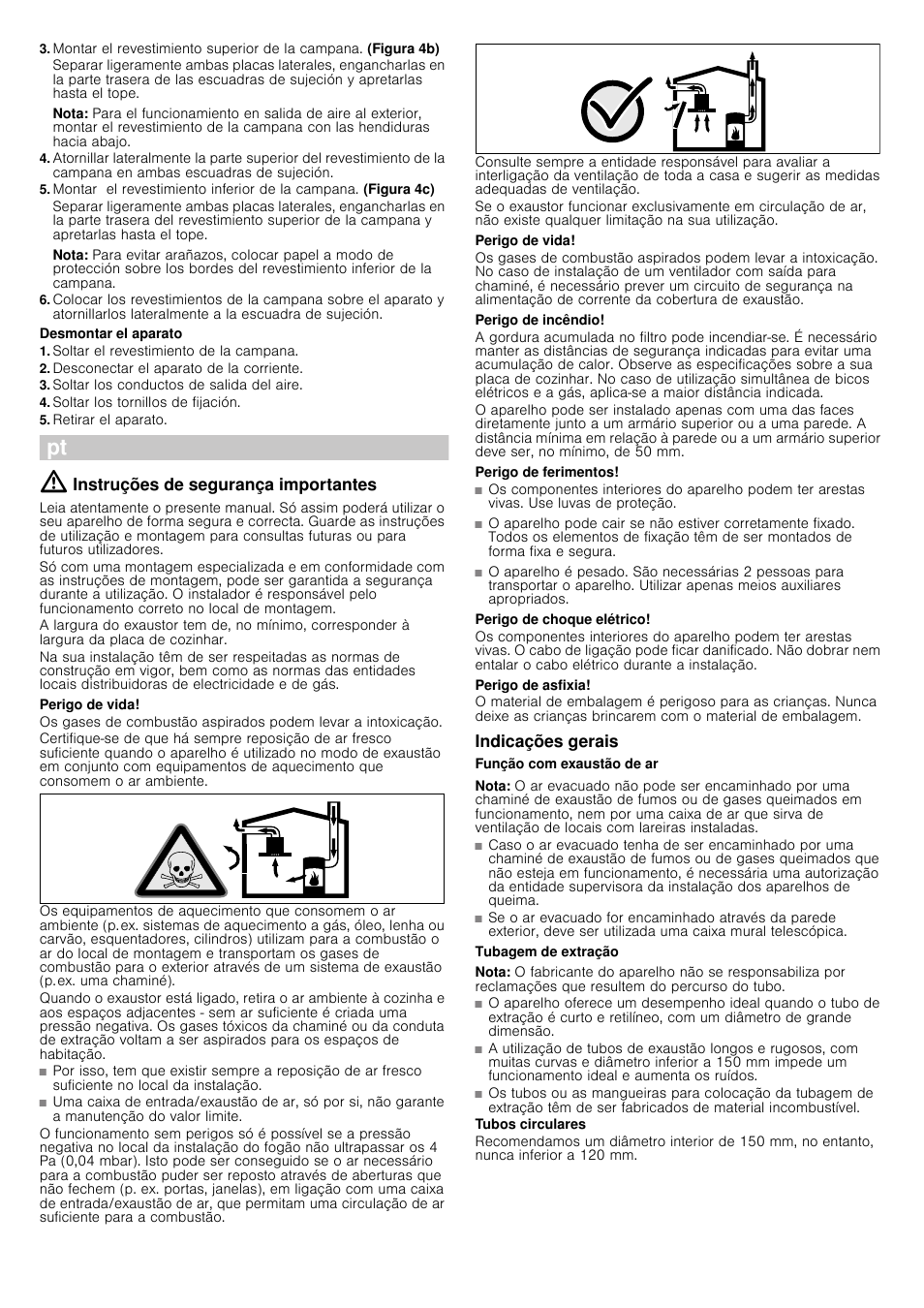 Nota, Desmontar el aparato, Soltar el revestimiento de la campana | Desconectar el aparato de la corriente, Soltar los conductos de salida del aire, Soltar los tornillos de fijación, Retirar el aparato, Instruções de segurança importantes, Perigo de vida, Perigo de incêndio | Bosch DWK09G660 User Manual | Page 9 / 12