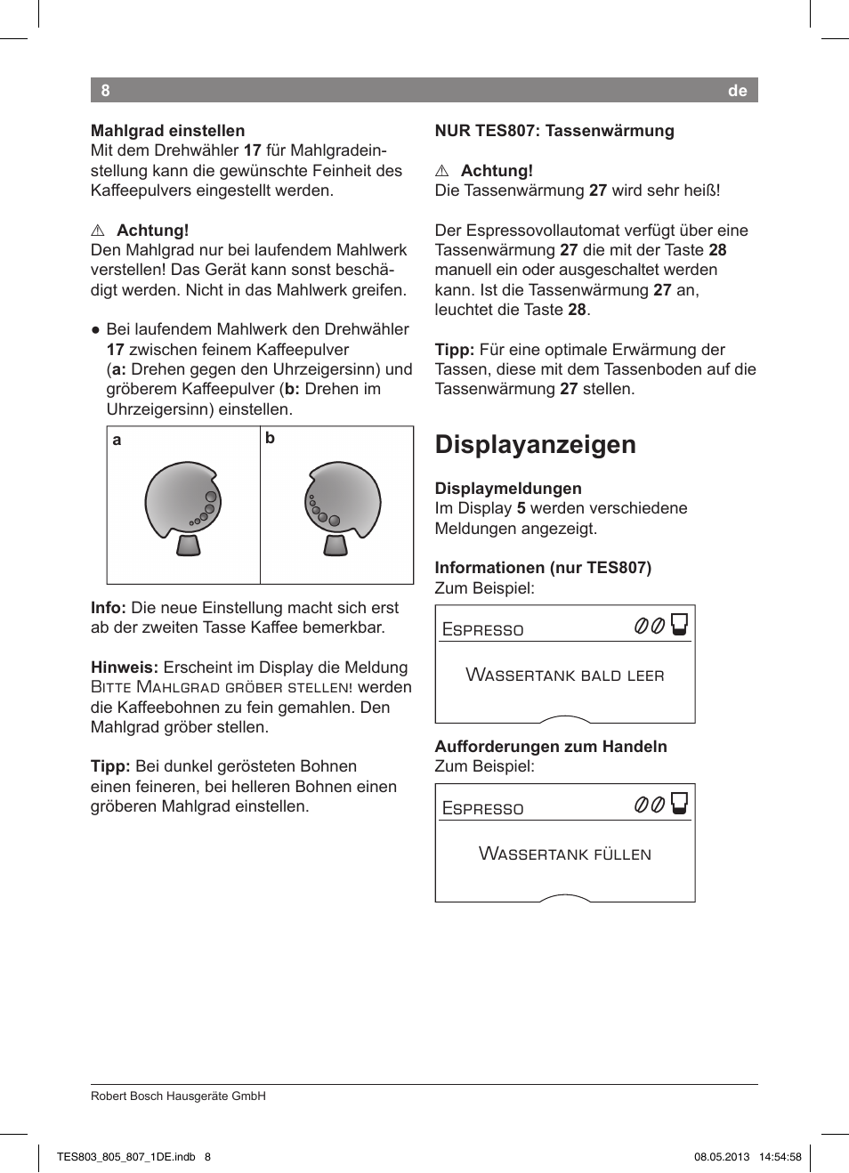 Displayanzeigen | Bosch TES80751DE VeroSelection 700 Kaffeevollautomat Edelstahl User Manual | Page 12 / 116