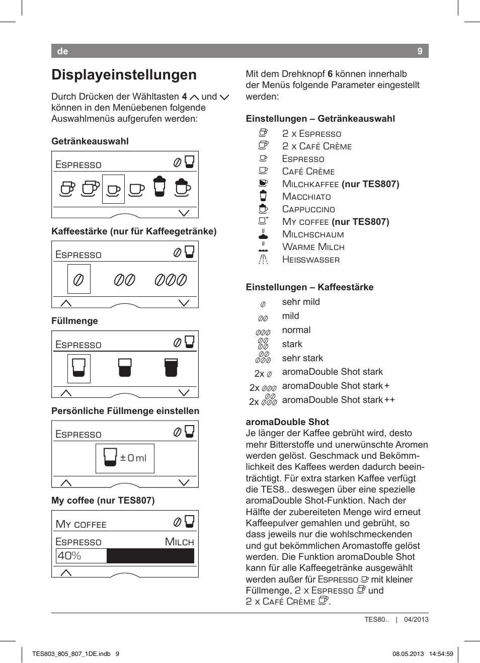 Но р т, Displayeinstellungen | Bosch TES80751DE VeroSelection 700 Kaffeevollautomat Edelstahl User Manual | Page 13 / 116