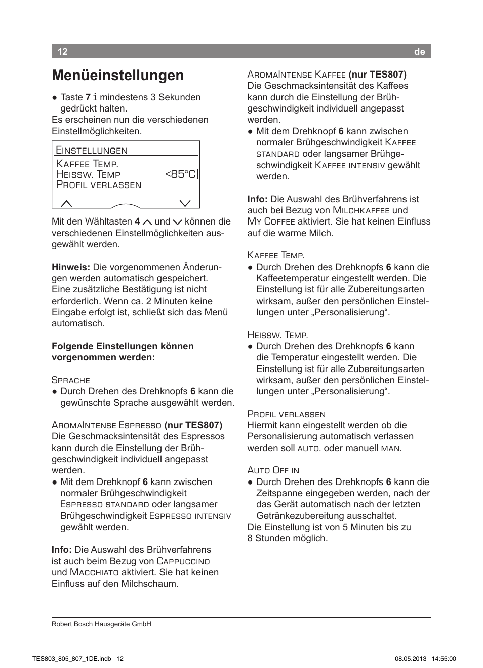 Menüeinstellungen | Bosch TES80751DE VeroSelection 700 Kaffeevollautomat Edelstahl User Manual | Page 16 / 116