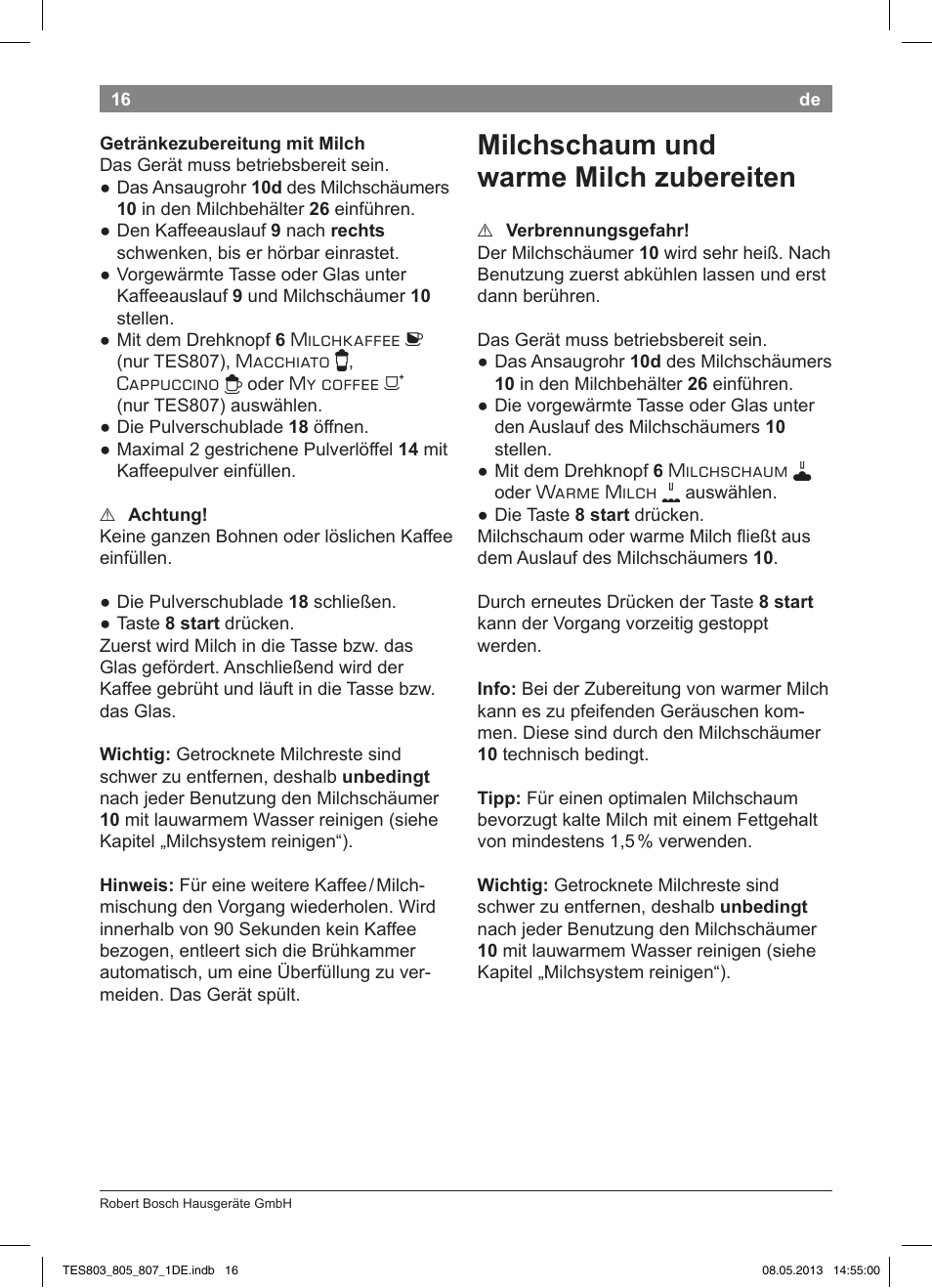 Milchschaum und warme milch zubereiten | Bosch TES80751DE VeroSelection 700 Kaffeevollautomat Edelstahl User Manual | Page 20 / 116