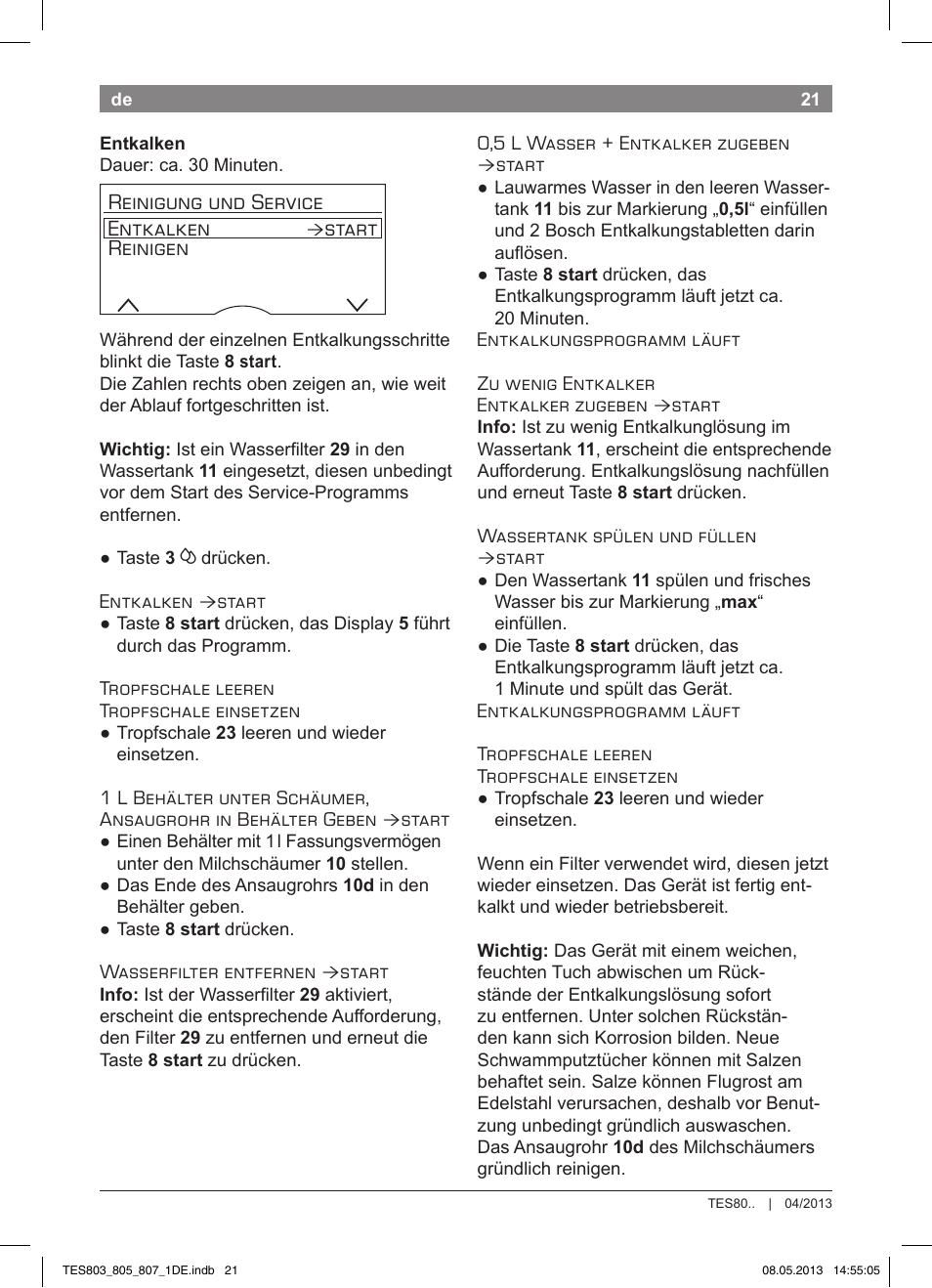 Reinigung und service entkalken, Start reinigen | Bosch TES80751DE VeroSelection 700 Kaffeevollautomat Edelstahl User Manual | Page 25 / 116