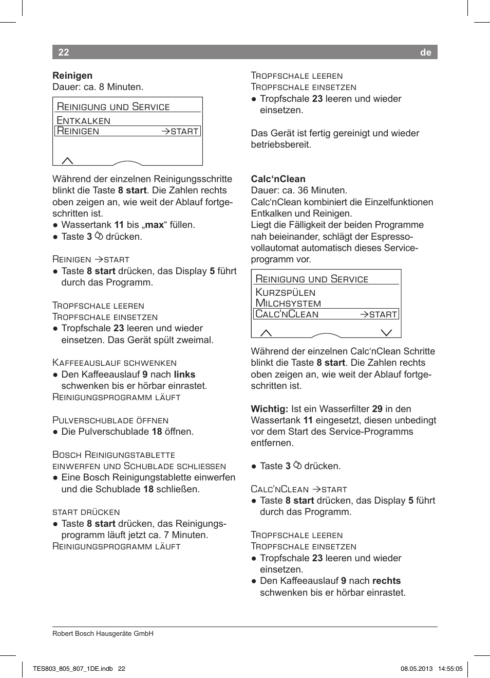 Reinigung und service entkalken reinigen, Start | Bosch TES80751DE VeroSelection 700 Kaffeevollautomat Edelstahl User Manual | Page 26 / 116
