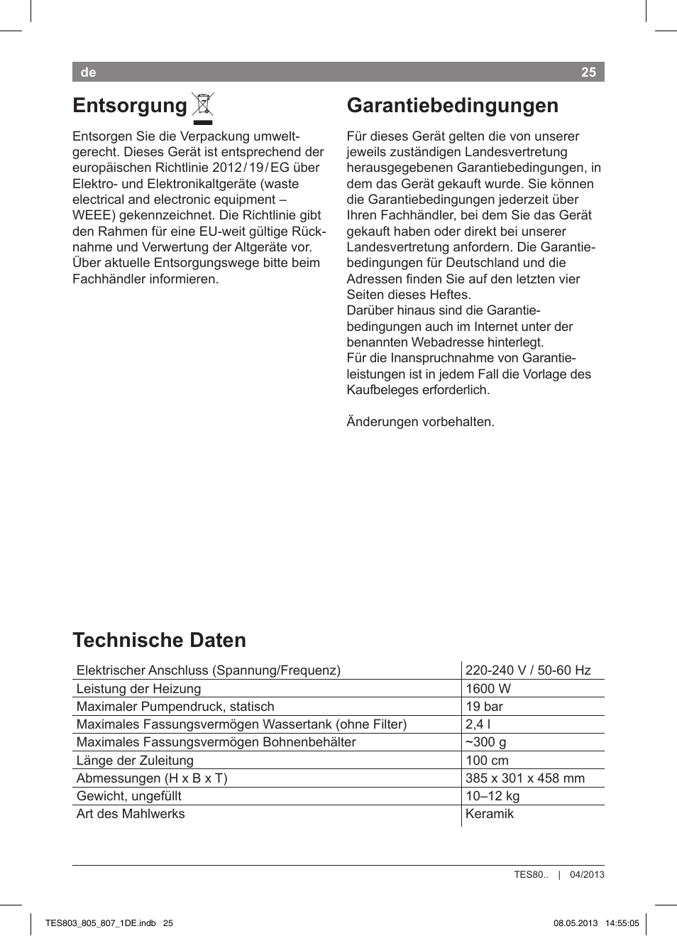 Entsorgung, Garantiebedingungen, Technische daten | Bosch TES80751DE VeroSelection 700 Kaffeevollautomat Edelstahl User Manual | Page 29 / 116