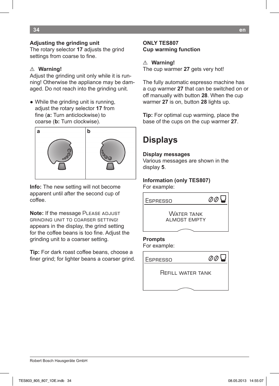 Displays | Bosch TES80751DE VeroSelection 700 Kaffeevollautomat Edelstahl User Manual | Page 38 / 116