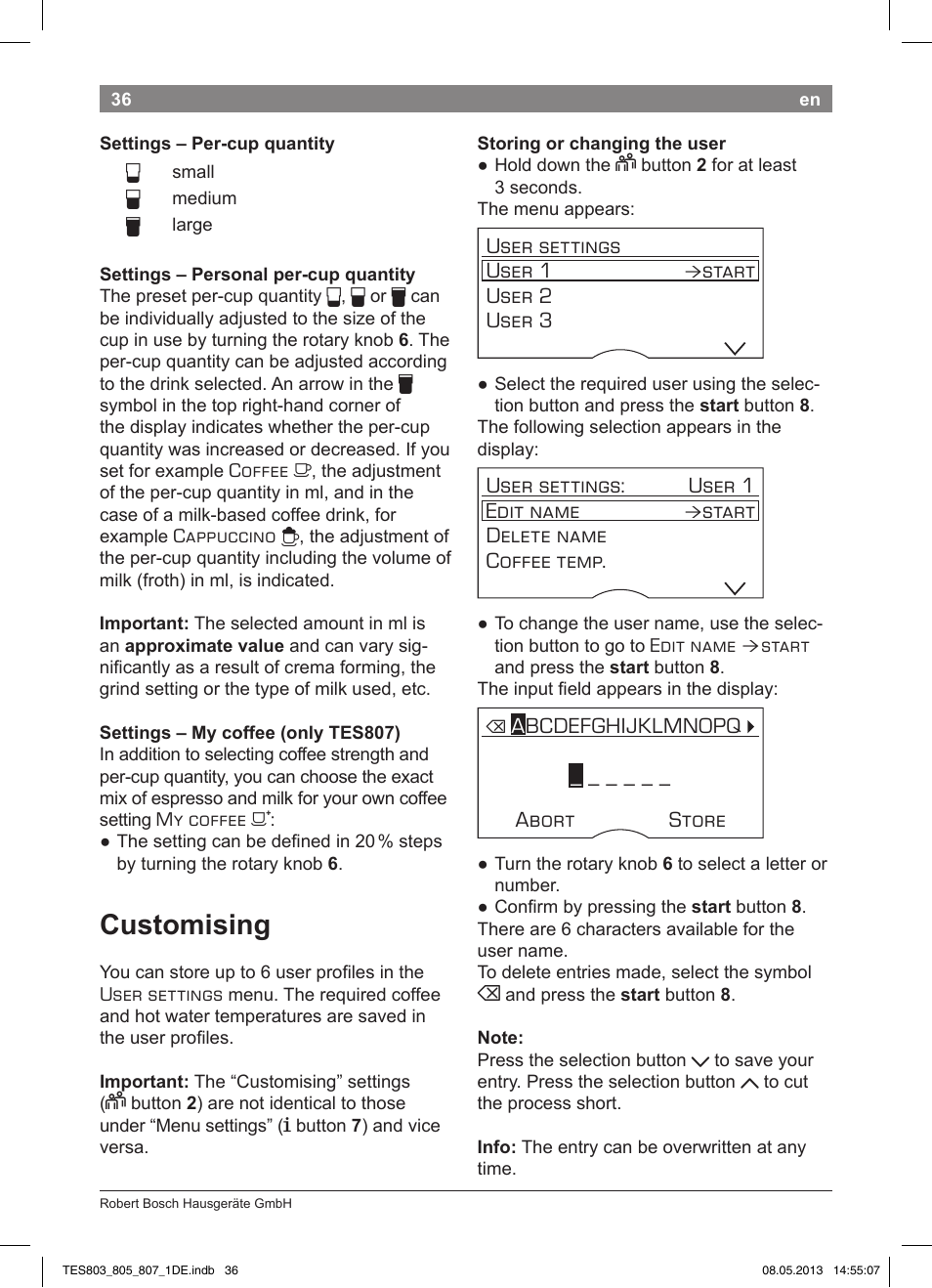 Customising | Bosch TES80751DE VeroSelection 700 Kaffeevollautomat Edelstahl User Manual | Page 40 / 116