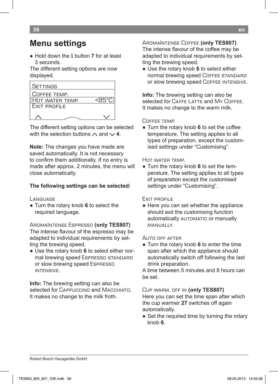 Menu settings | Bosch TES80751DE VeroSelection 700 Kaffeevollautomat Edelstahl User Manual | Page 42 / 116