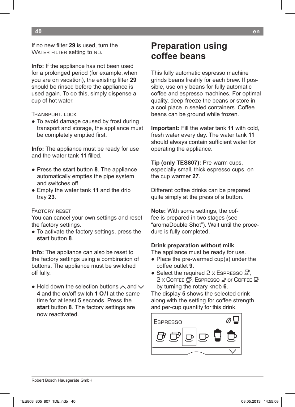 Preparation using coffee beans | Bosch TES80751DE VeroSelection 700 Kaffeevollautomat Edelstahl User Manual | Page 44 / 116