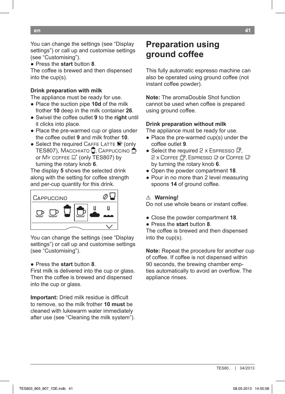 Preparation using ground coffee | Bosch TES80751DE VeroSelection 700 Kaffeevollautomat Edelstahl User Manual | Page 45 / 116