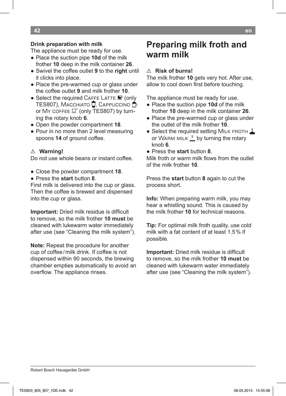 Preparing milk froth and warm milk | Bosch TES80751DE VeroSelection 700 Kaffeevollautomat Edelstahl User Manual | Page 46 / 116