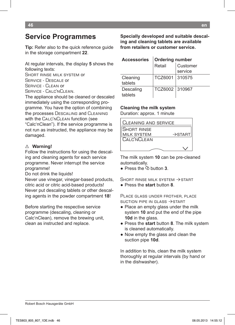 Service programmes, Cleaning and service short rinse milk system, Start calc‘nclean | Bosch TES80751DE VeroSelection 700 Kaffeevollautomat Edelstahl User Manual | Page 50 / 116