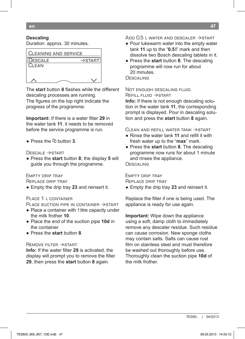 Cleaning and service descale, Start clean | Bosch TES80751DE VeroSelection 700 Kaffeevollautomat Edelstahl User Manual | Page 51 / 116