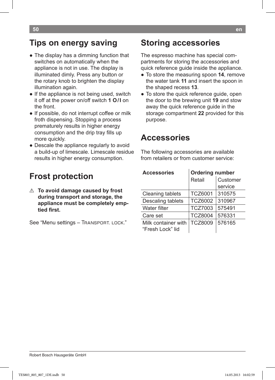 Tips on energy saving, Frost protection, Storing accessories | Accessories | Bosch TES80751DE VeroSelection 700 Kaffeevollautomat Edelstahl User Manual | Page 54 / 116
