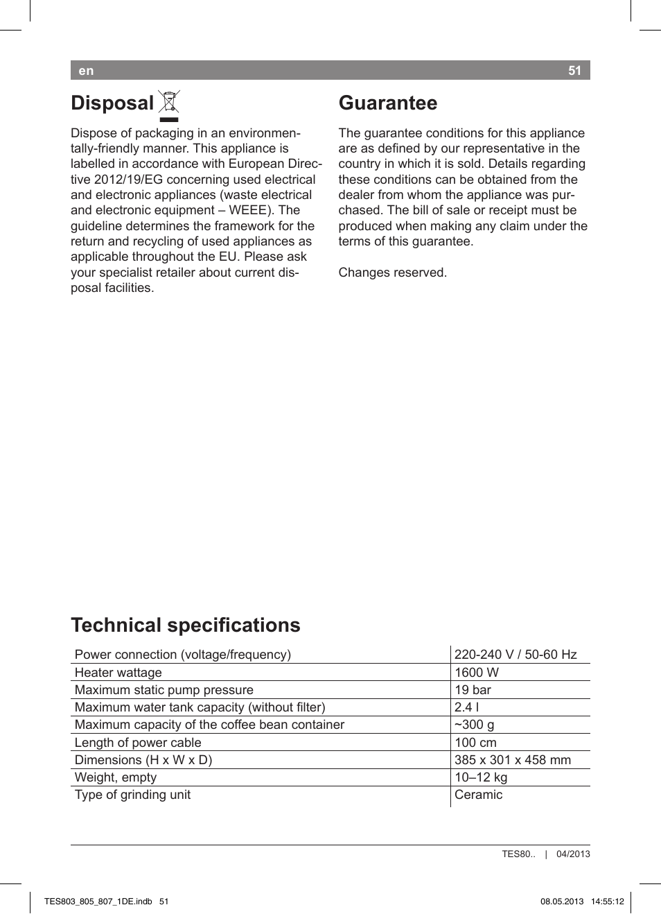 Disposal, Guarantee, Technical specifications | Bosch TES80751DE VeroSelection 700 Kaffeevollautomat Edelstahl User Manual | Page 55 / 116