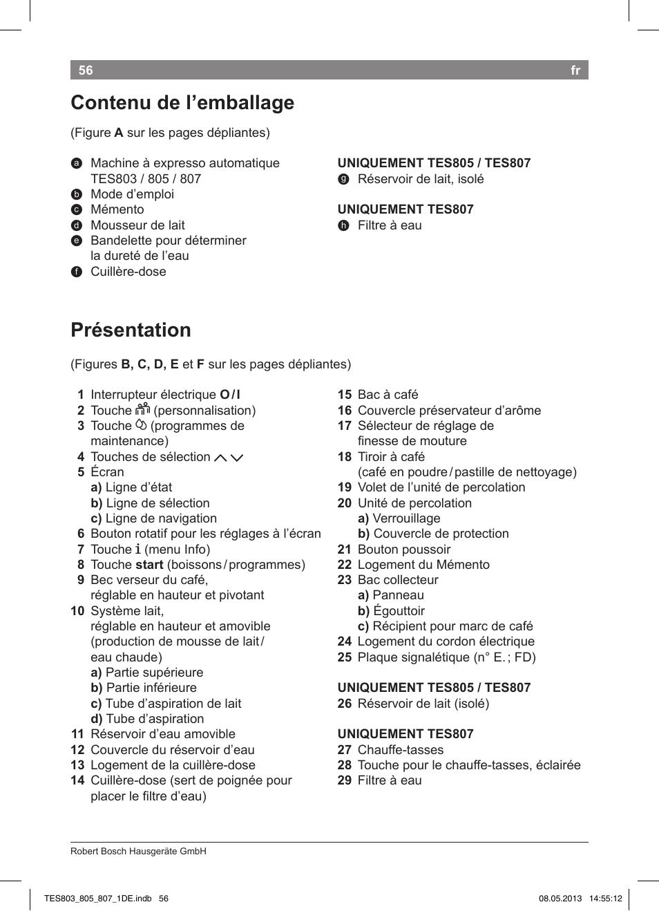 Présentation, Contenu de l’emballage | Bosch TES80751DE VeroSelection 700 Kaffeevollautomat Edelstahl User Manual | Page 60 / 116