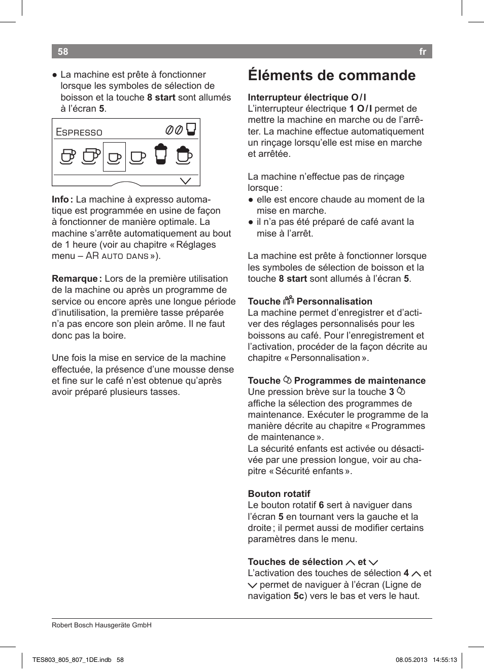 Éléments de commande | Bosch TES80751DE VeroSelection 700 Kaffeevollautomat Edelstahl User Manual | Page 62 / 116
