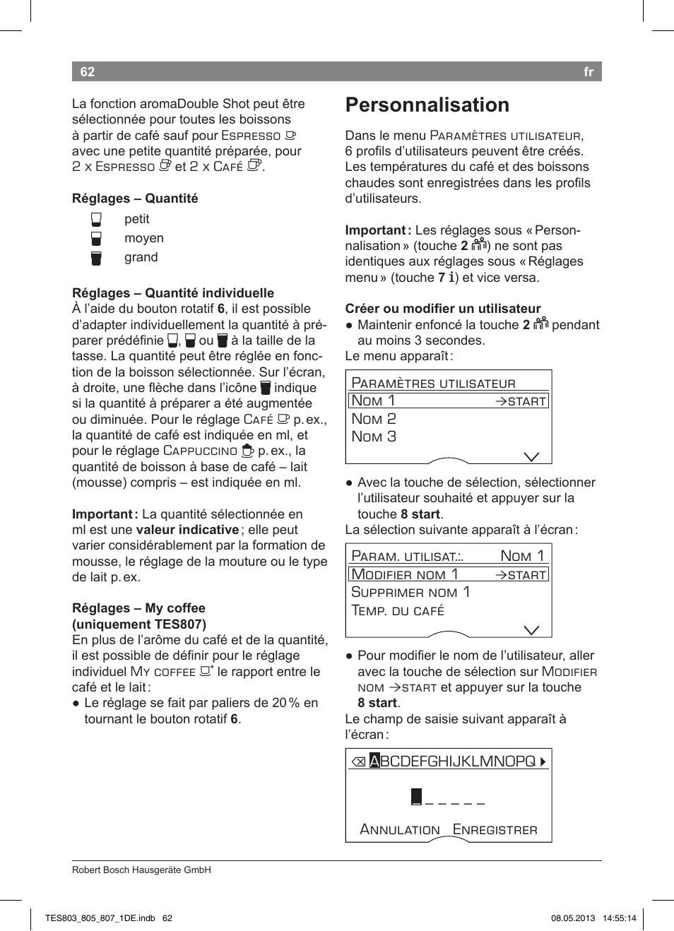 Personnalisation | Bosch TES80751DE VeroSelection 700 Kaffeevollautomat Edelstahl User Manual | Page 66 / 116
