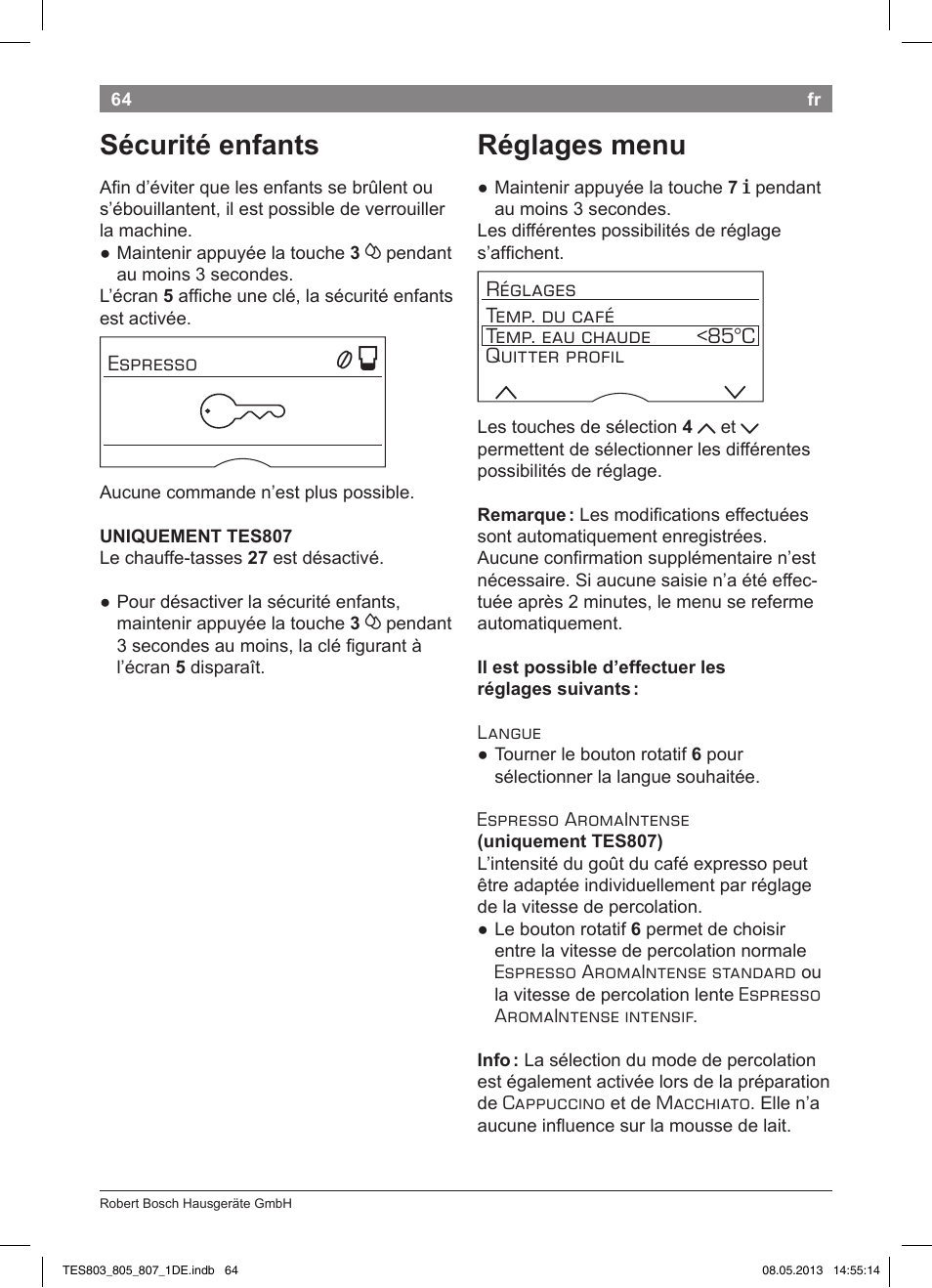Sécurité enfants, Réglages menu | Bosch TES80751DE VeroSelection 700 Kaffeevollautomat Edelstahl User Manual | Page 68 / 116