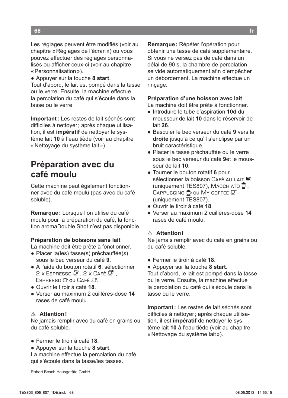 Préparation avec du café moulu | Bosch TES80751DE VeroSelection 700 Kaffeevollautomat Edelstahl User Manual | Page 72 / 116