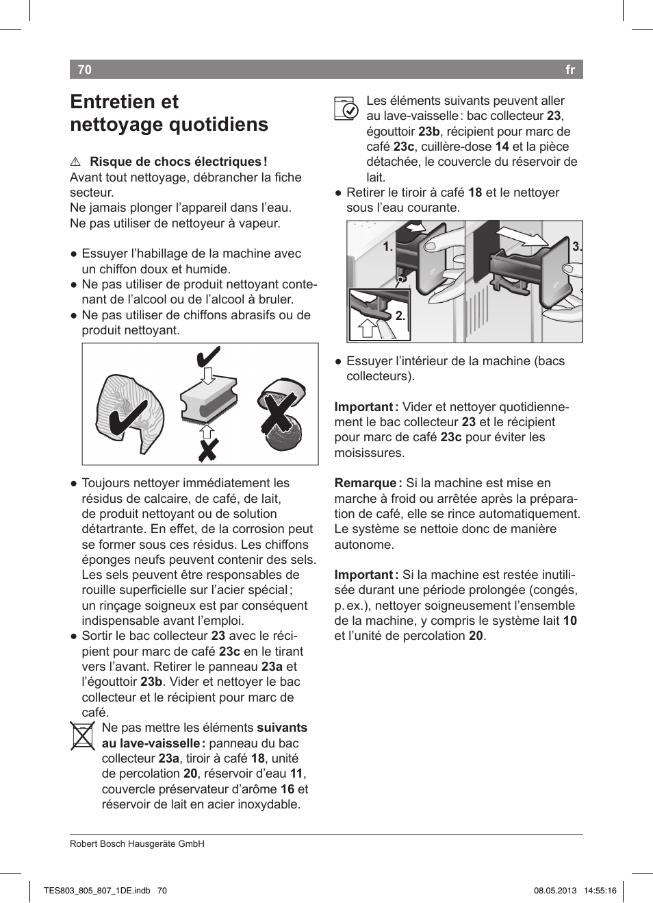 Entretien et nettoyage quotidiens | Bosch TES80751DE VeroSelection 700 Kaffeevollautomat Edelstahl User Manual | Page 74 / 116