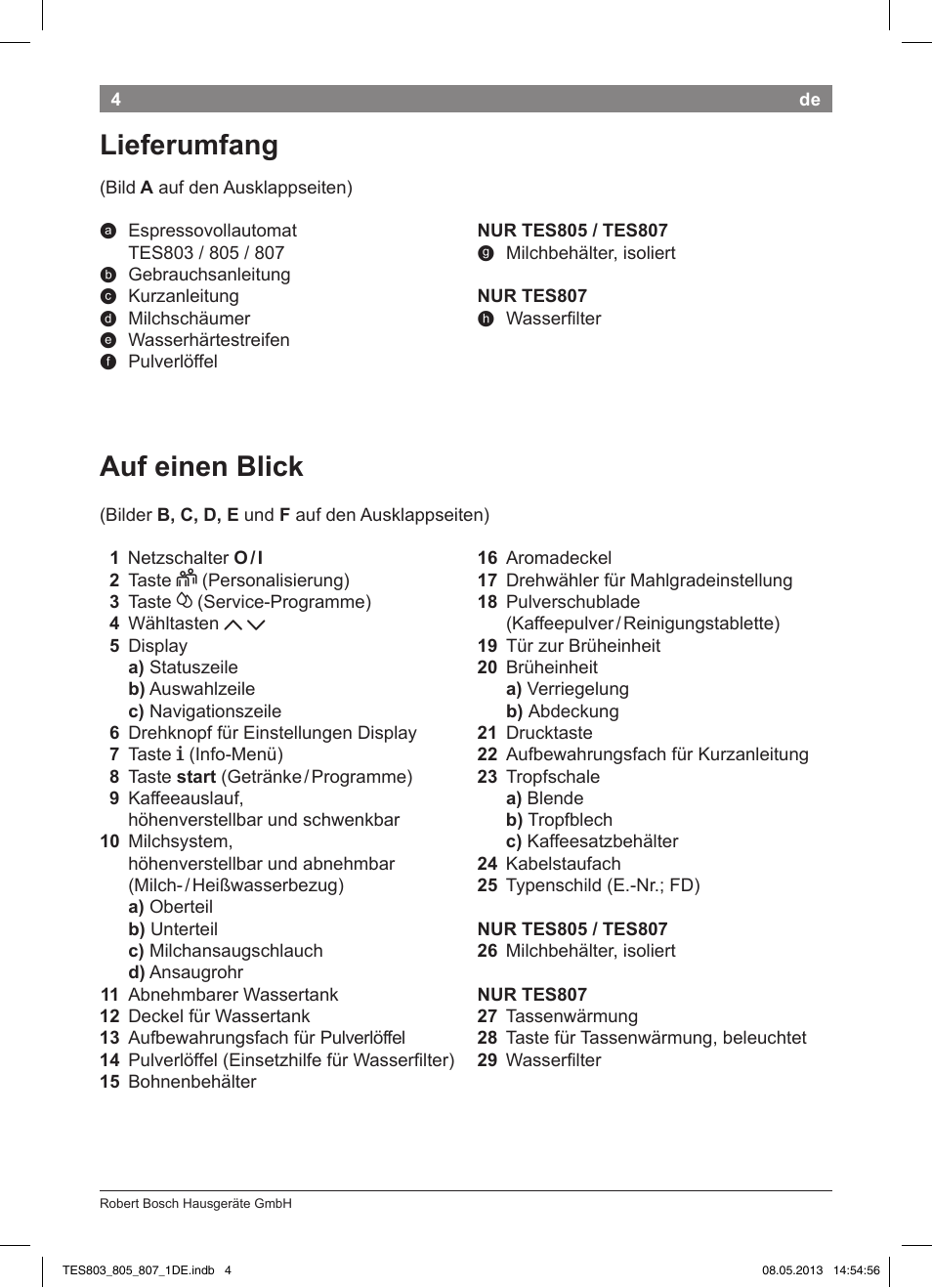 Auf einen blick, Lieferumfang | Bosch TES80751DE VeroSelection 700 Kaffeevollautomat Edelstahl User Manual | Page 8 / 116