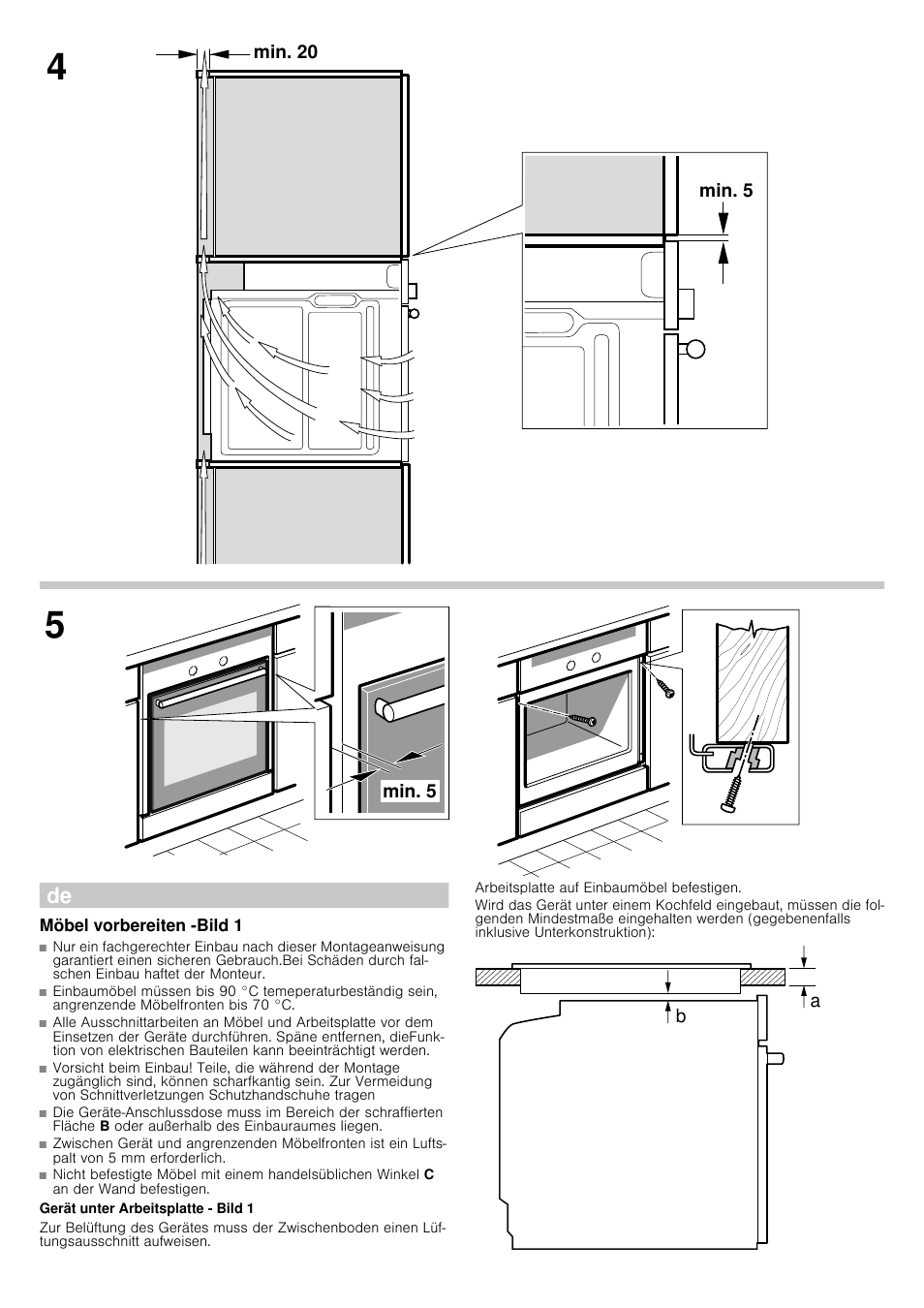 Möbel vorbereiten -bild 1, Gerät unter arbeitsplatte - bild 1, Plq plq | Bosch HBG38B950 Edelstahl Einbaubackofen User Manual | Page 3 / 16