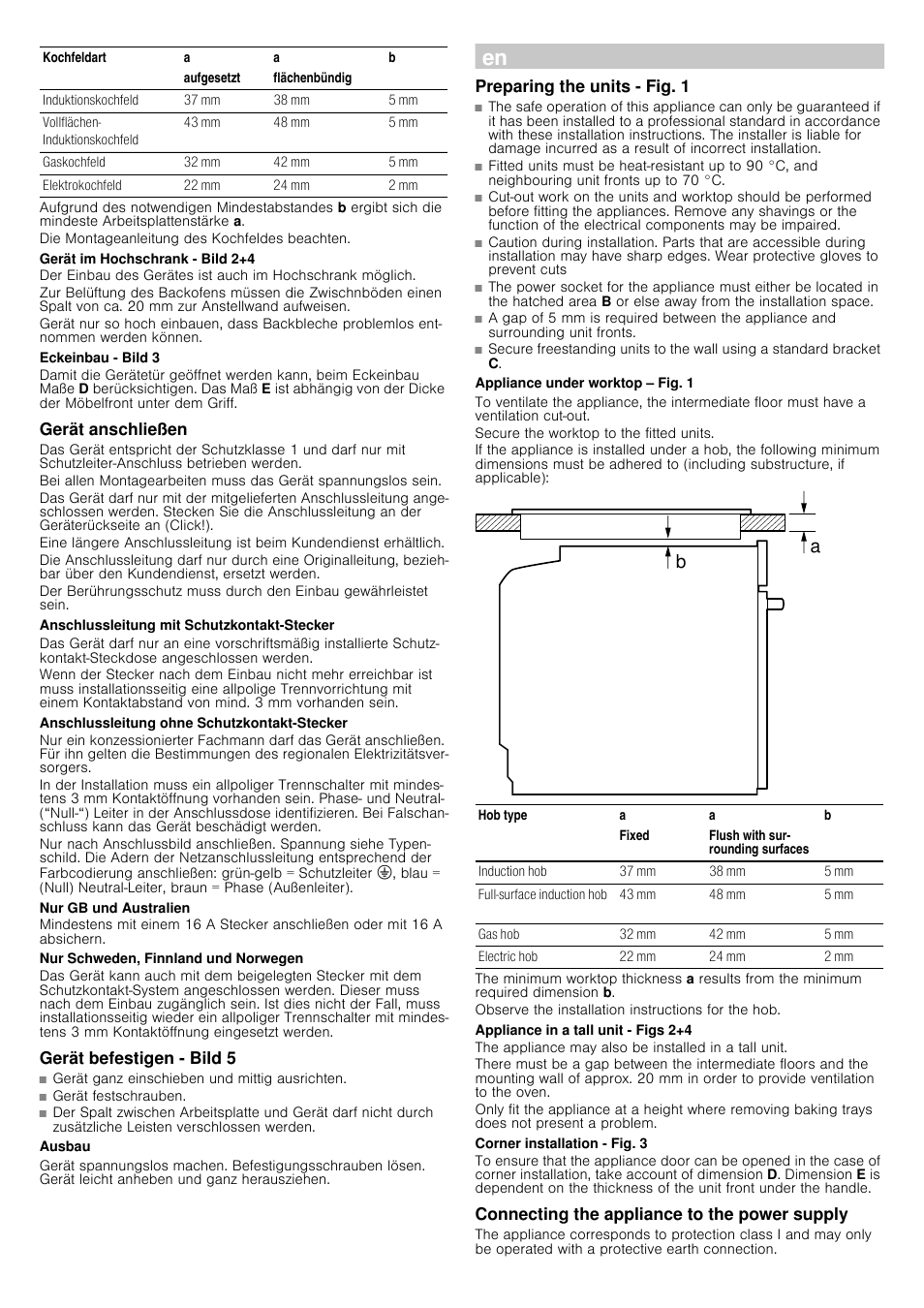Gerät im hochschrank - bild 2+4, Eckeinbau - bild 3, Gerät anschließen | Anschlussleitung mit schutzkontakt-stecker, Anschlussleitung ohne schutzkontakt-stecker, Nur gb und australien, Nur schweden, finnland und norwegen, Gerät befestigen - bild 5, Ausbau, Preparing the units - fig. 1 | Bosch HBG38B950 Edelstahl Einbaubackofen User Manual | Page 4 / 16