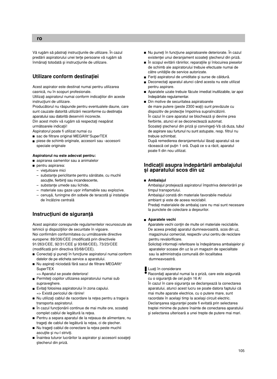 Utilizare conform destinaøiei, Instrucøiuni de siguranøå | Bosch BSG82212 schwarz Bodenstaubsauger Beutel ergomaxx professional 2200 W User Manual | Page 110 / 142