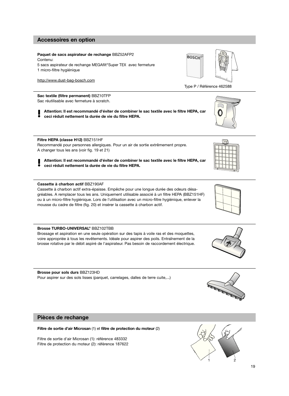 Accessoires en option pièces de rechange | Bosch BSG82212 schwarz Bodenstaubsauger Beutel ergomaxx professional 2200 W User Manual | Page 24 / 142