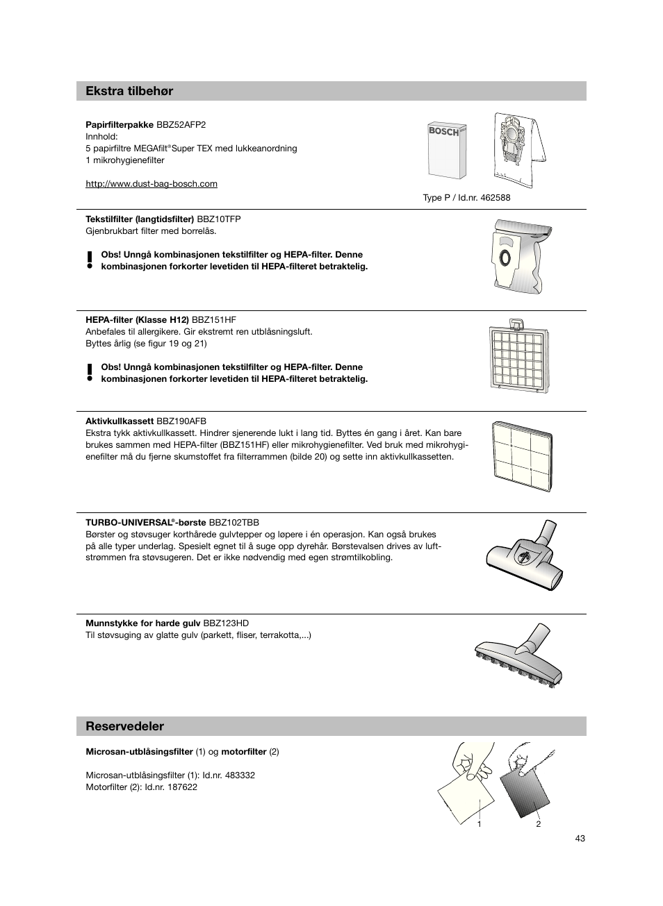 Ekstra tilbehør reservedeler | Bosch BSG82212 schwarz Bodenstaubsauger Beutel ergomaxx professional 2200 W User Manual | Page 48 / 142
