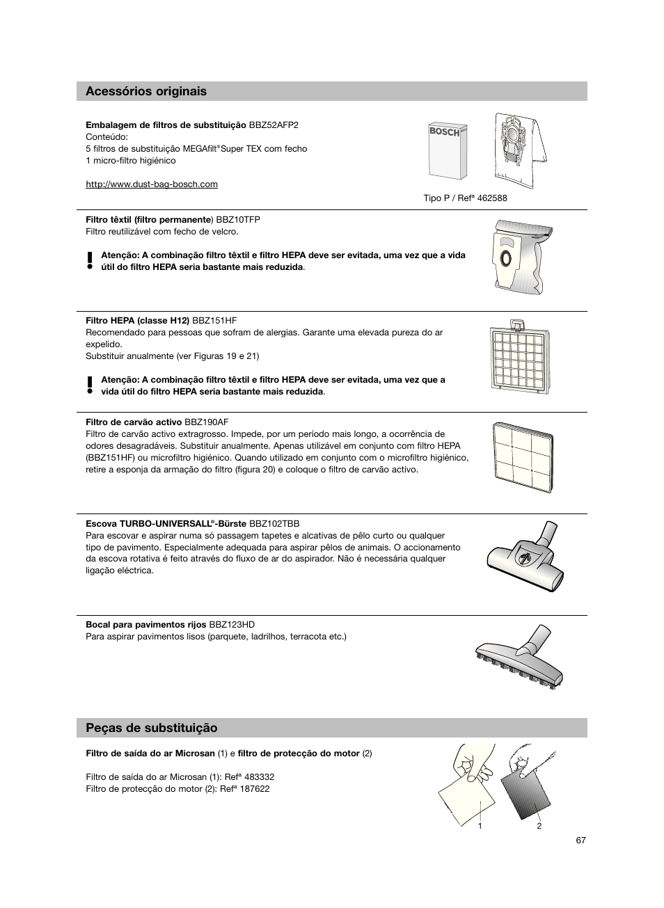 Acessórios originais peças de substituição | Bosch BSG82212 schwarz Bodenstaubsauger Beutel ergomaxx professional 2200 W User Manual | Page 72 / 142