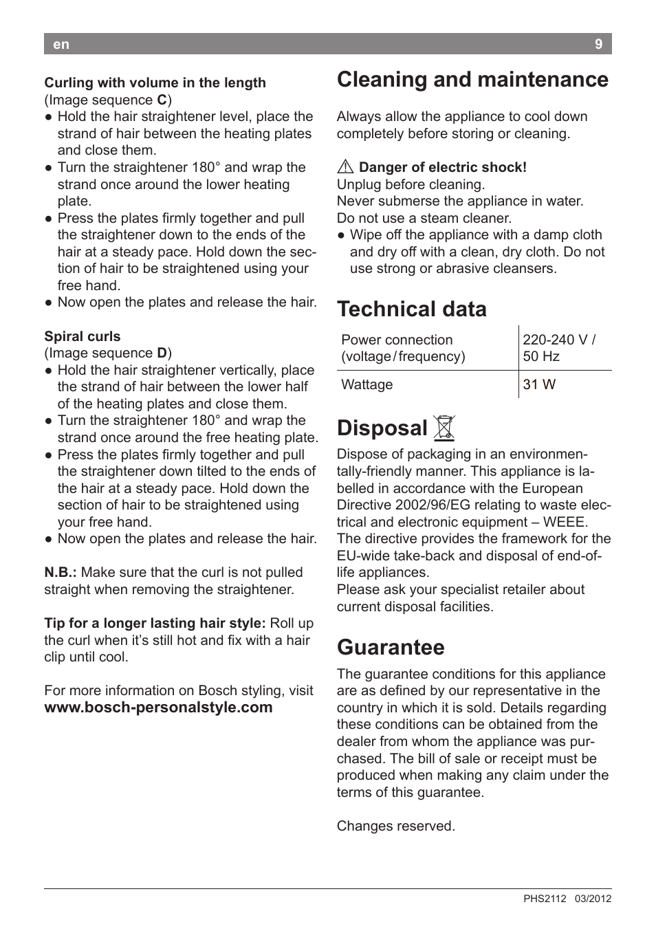 Cleaning and maintenance, Technical data, Disposal | Guarantee | Bosch PHS2112 Haarglätter PureStyle User Manual | Page 13 / 91