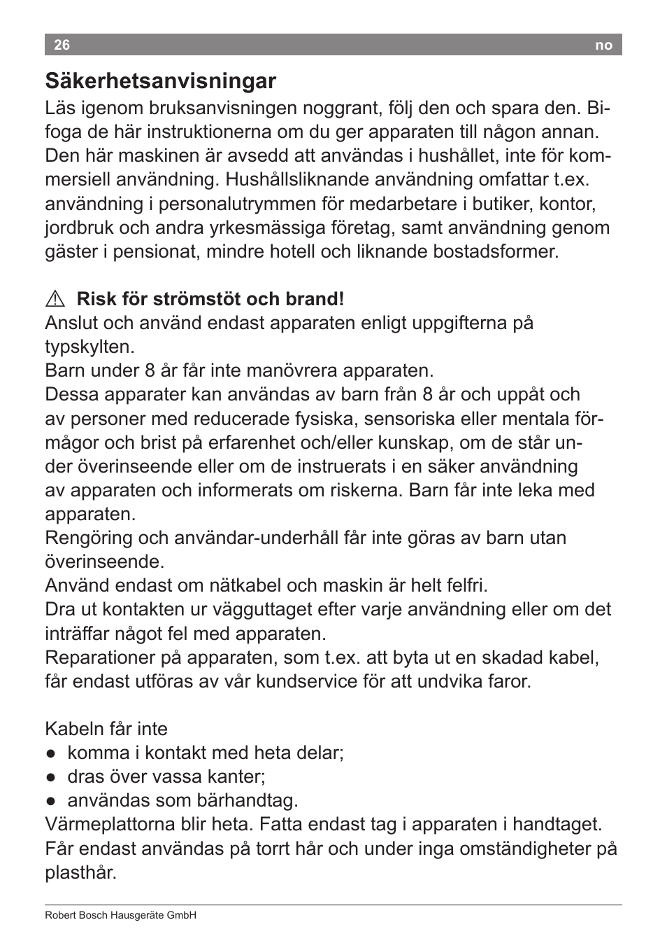 Säkerhetsanvisningar | Bosch PHS2112 Haarglätter PureStyle User Manual | Page 30 / 91