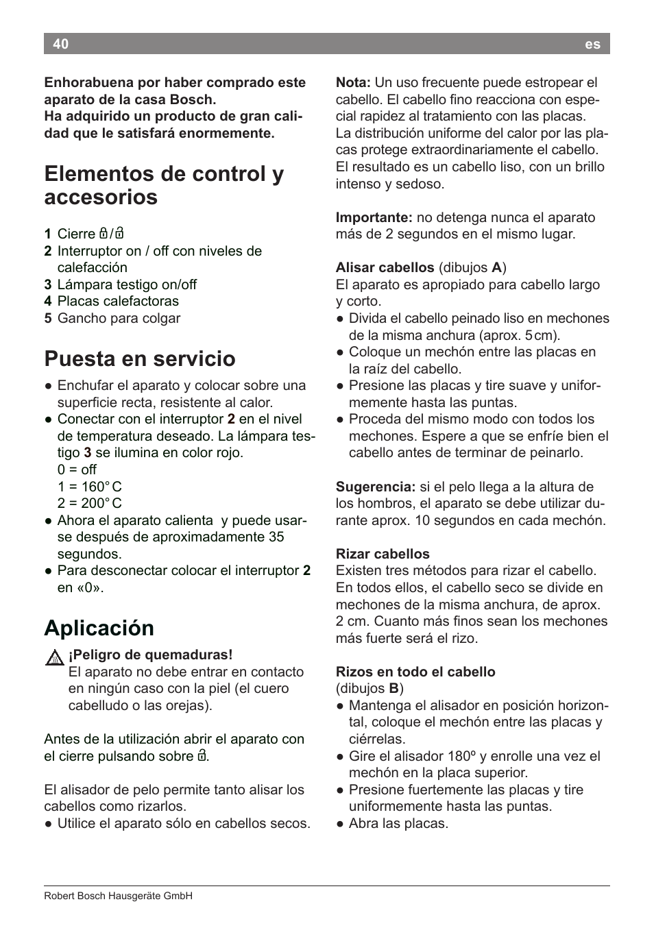 Elementos de control y accesorios, Puesta en servicio, Aplicación | Bosch PHS2112 Haarglätter PureStyle User Manual | Page 44 / 91