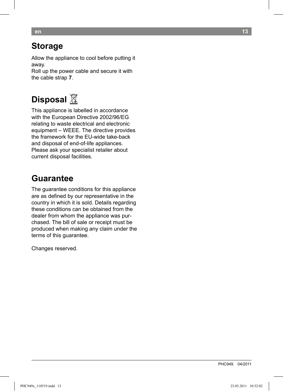 Storage, Disposal, Guarantee | Bosch PHC9490 Lockenstab ProSalon User Manual | Page 15 / 116