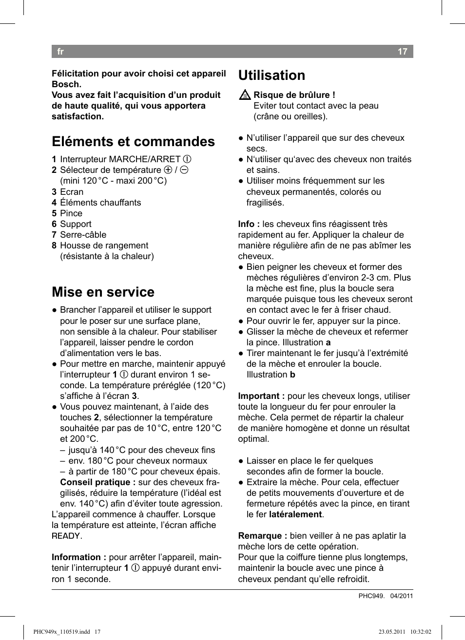 Eléments et commandes, Mise en service, Utilisation | Bosch PHC9490 Lockenstab ProSalon User Manual | Page 19 / 116