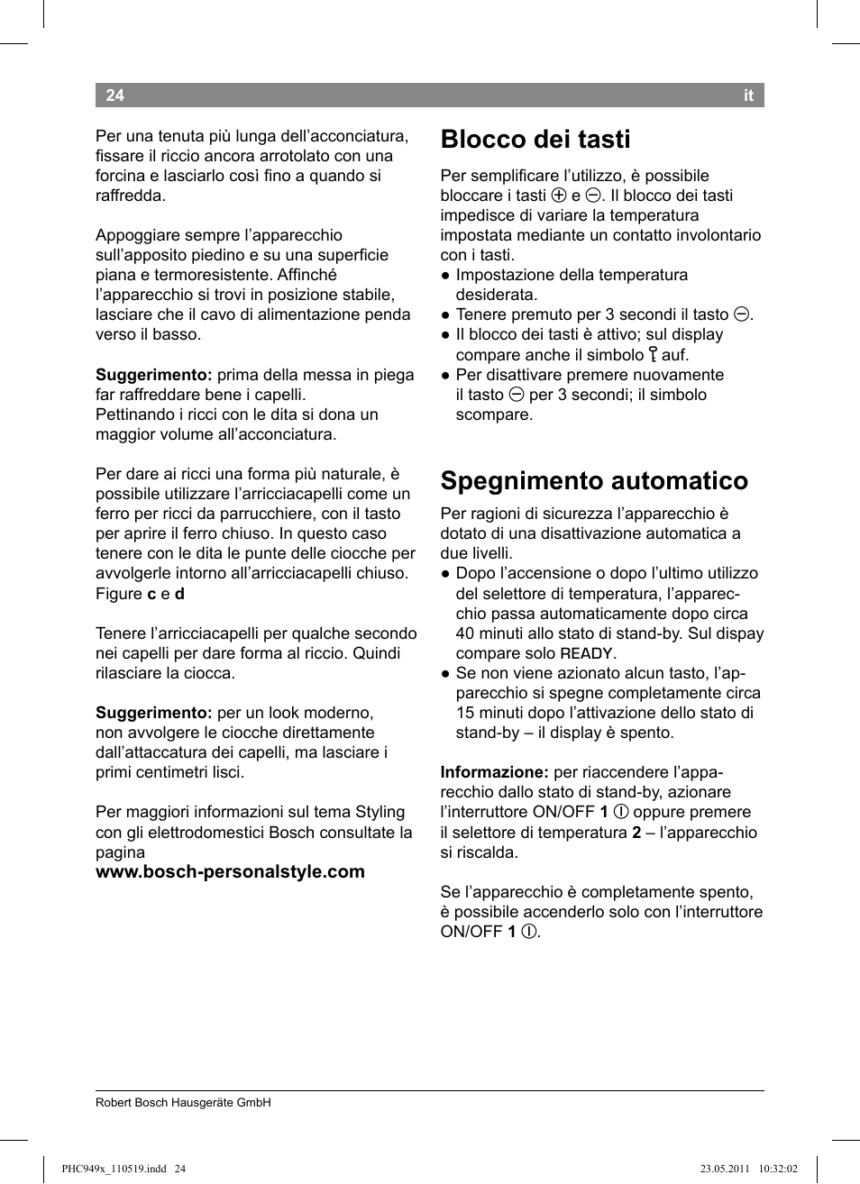 Blocco dei tasti, Spegnimento automatico | Bosch PHC9490 Lockenstab ProSalon User Manual | Page 26 / 116