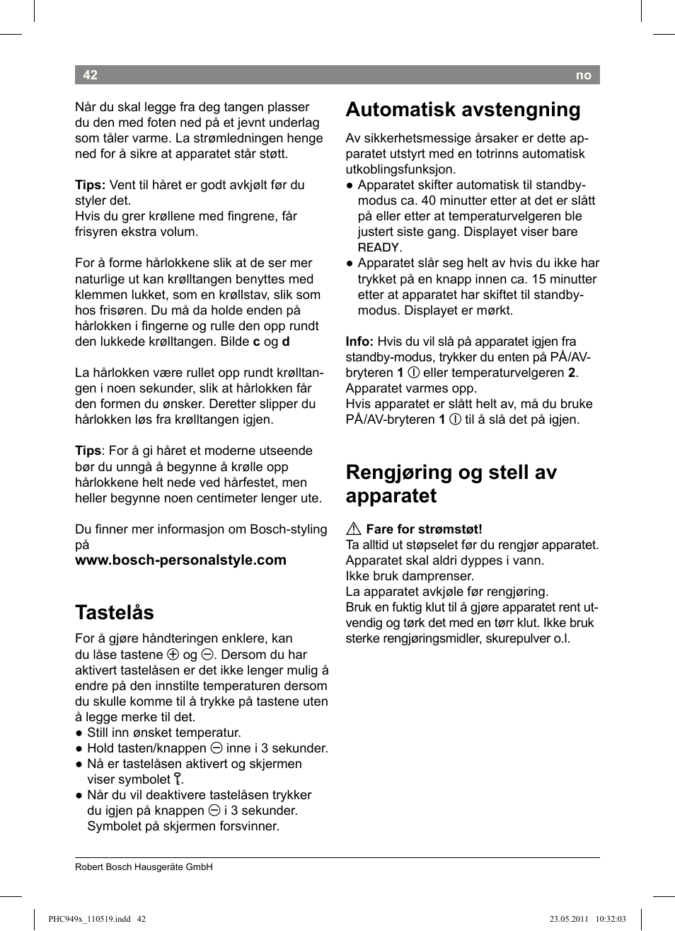 Tastelås, Automatisk avstengning, Rengjøring og stell av apparatet | Bosch PHC9490 Lockenstab ProSalon User Manual | Page 44 / 116