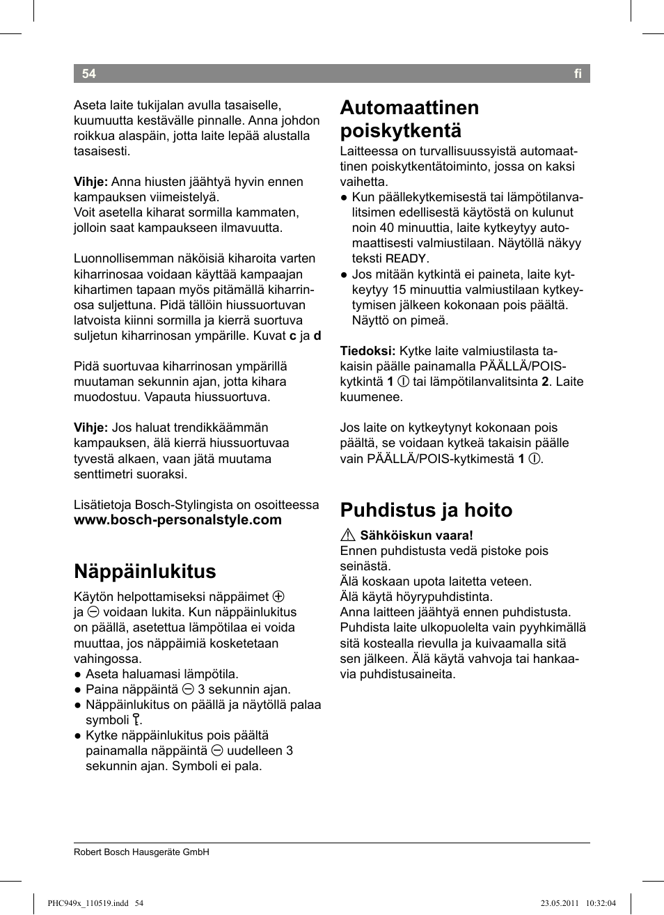 Näppäinlukitus, Automaattinen poiskytkentä, Puhdistus ja hoito | Bosch PHC9490 Lockenstab ProSalon User Manual | Page 56 / 116