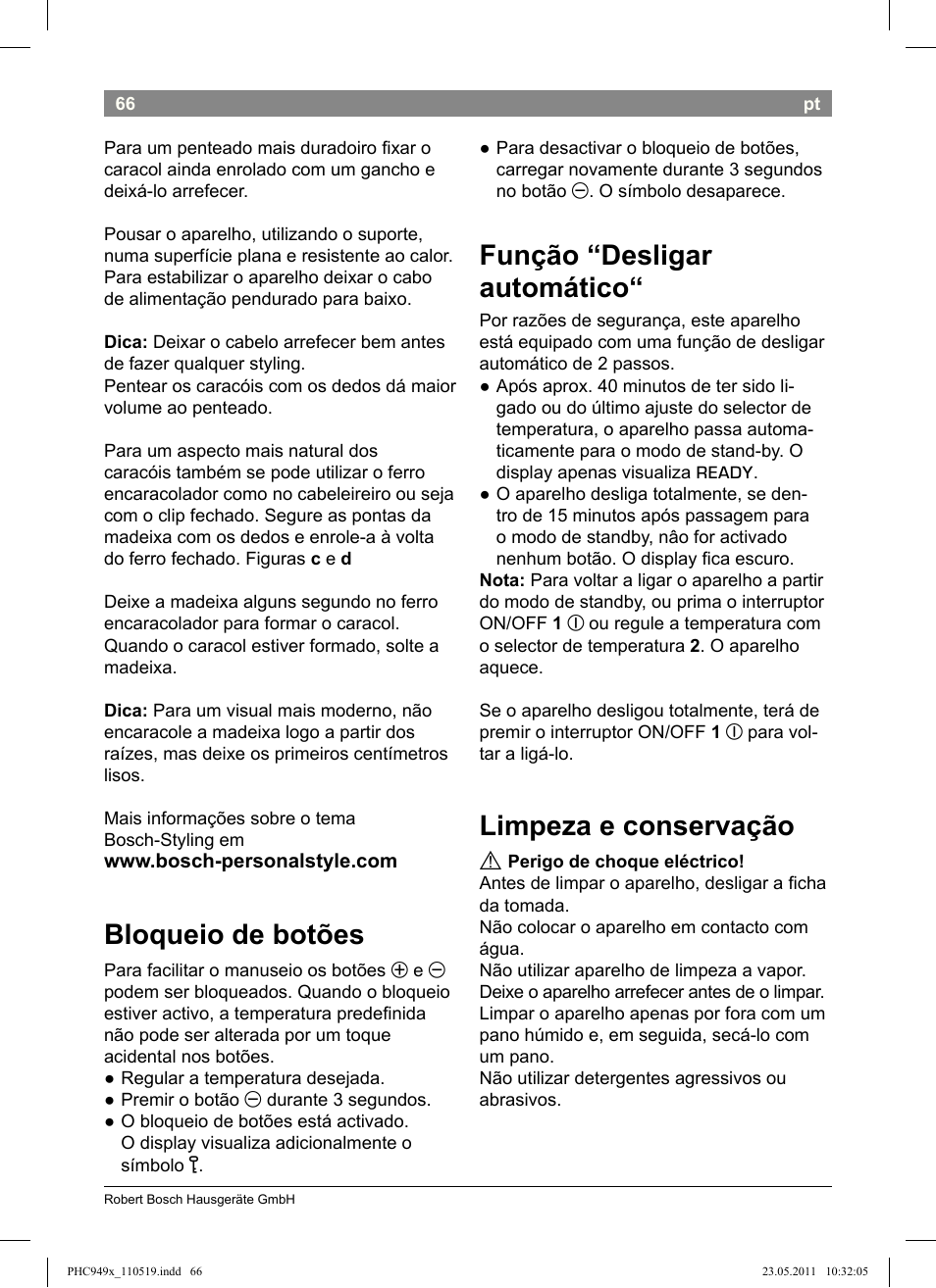 Bloqueio de botões, Função “desligar automático, Limpeza e conservação | Bosch PHC9490 Lockenstab ProSalon User Manual | Page 68 / 116