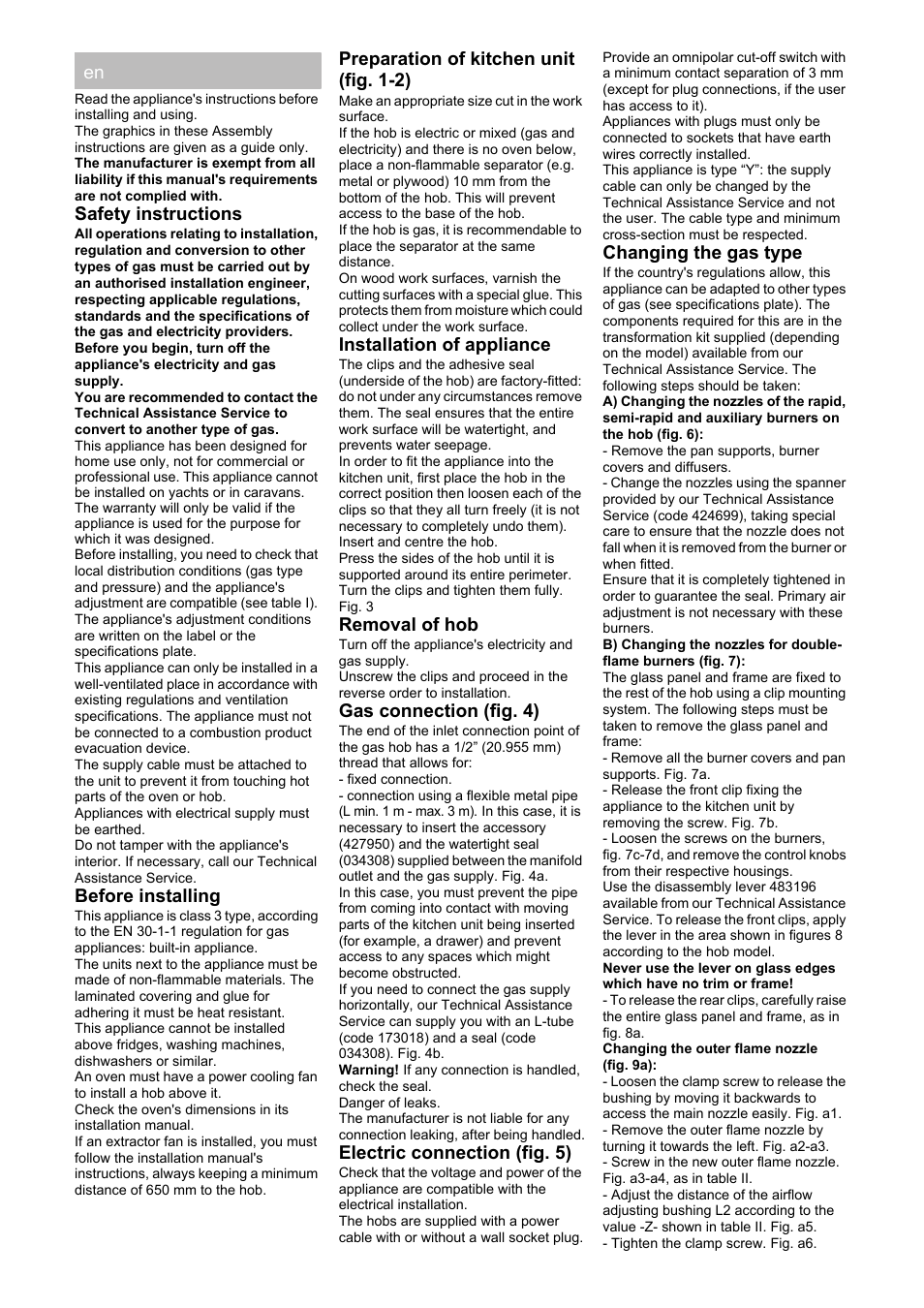 Safety instructions, Before installing, Preparation of kitchen unit (fig. 1-2) | Installation of appliance, Removal of hob, Gas connection (fig. 4), Electric connection (fig. 5), Changing the gas type | Bosch PRS926F70E Gas-Kochstelle Glaskeramik 90 cm User Manual | Page 6 / 20
